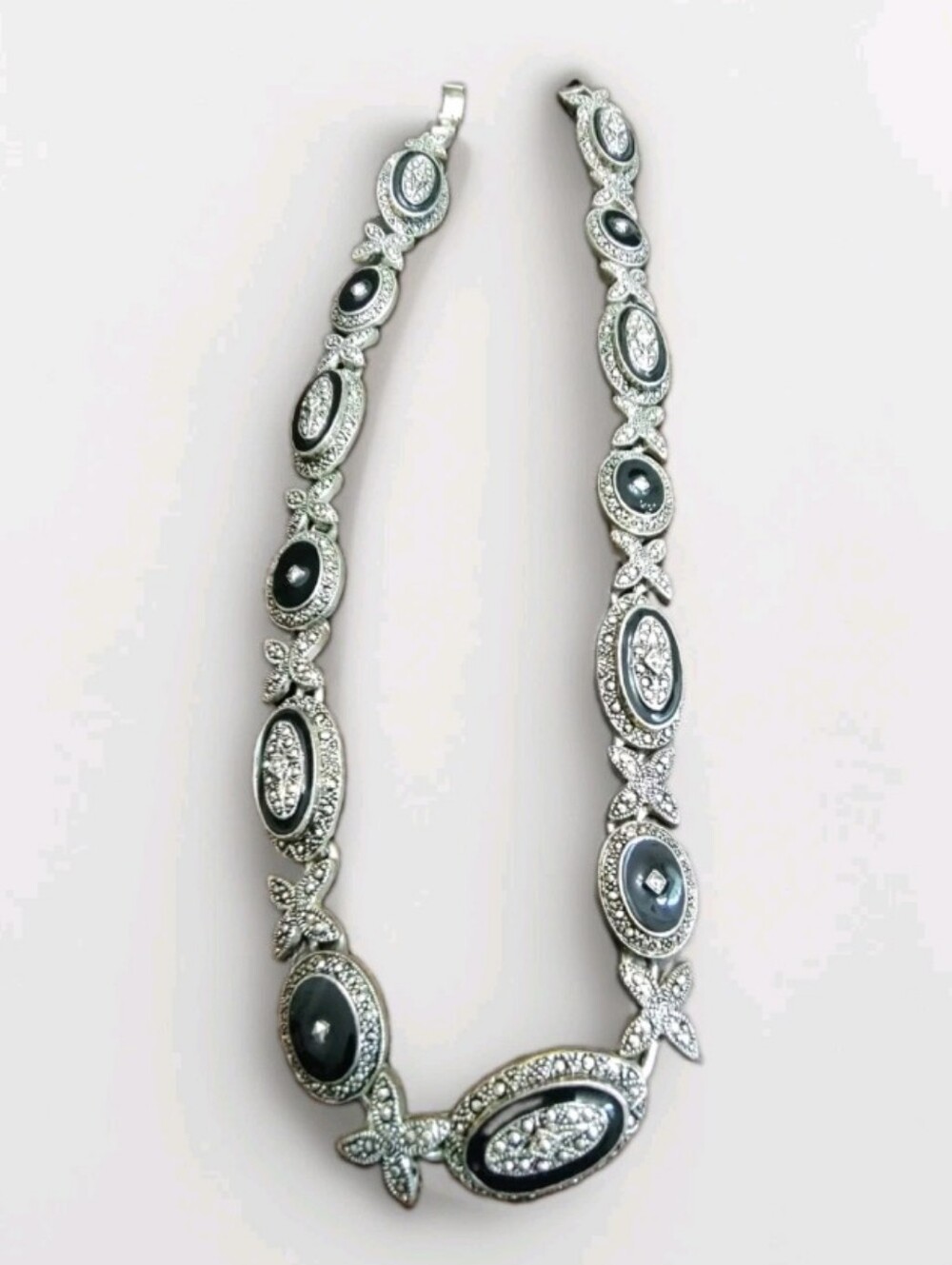 Vtg Monet?  Black Onyx/Marcasite  Silver Necklace 17" Fold Over Clasp VGC No ID